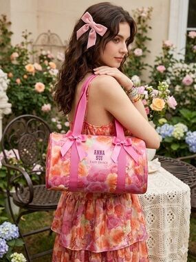 Anna Sui Fairy Dance Pink Floral Duffle Bag Bow Detail Limited Edition Y2K Rare